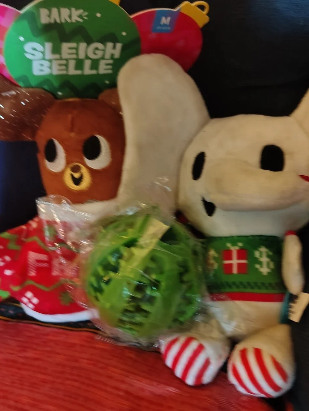 NWT BarkBox Holiday Dog Toy Lot of 3 - Dwight Elephant, Sleigh Belle &Green Ball